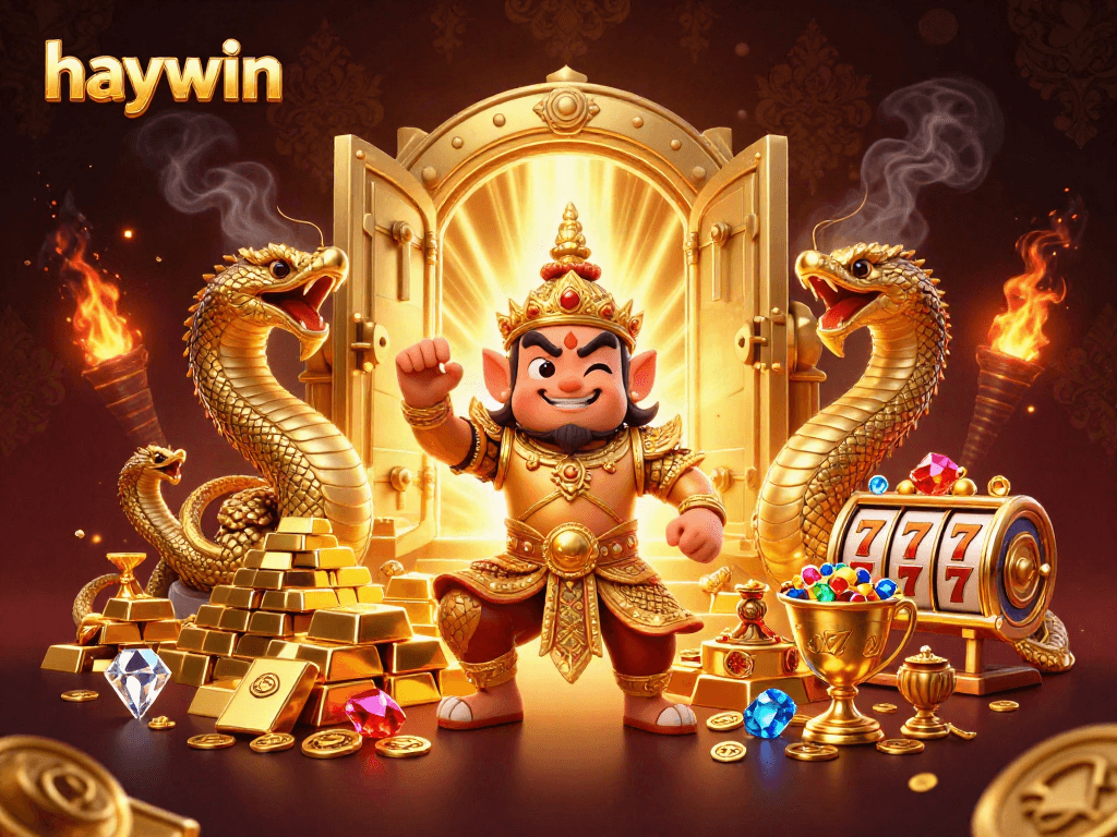 Experience the thrill of haywin's slots with a vibrant 3D scene of golden treasures and guardian characters.