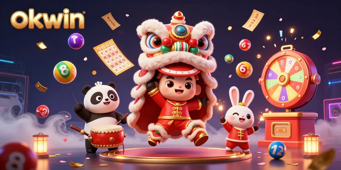 Experience thrilling games at okwin with a vibrant scene of lottery balls and energetic characters.
