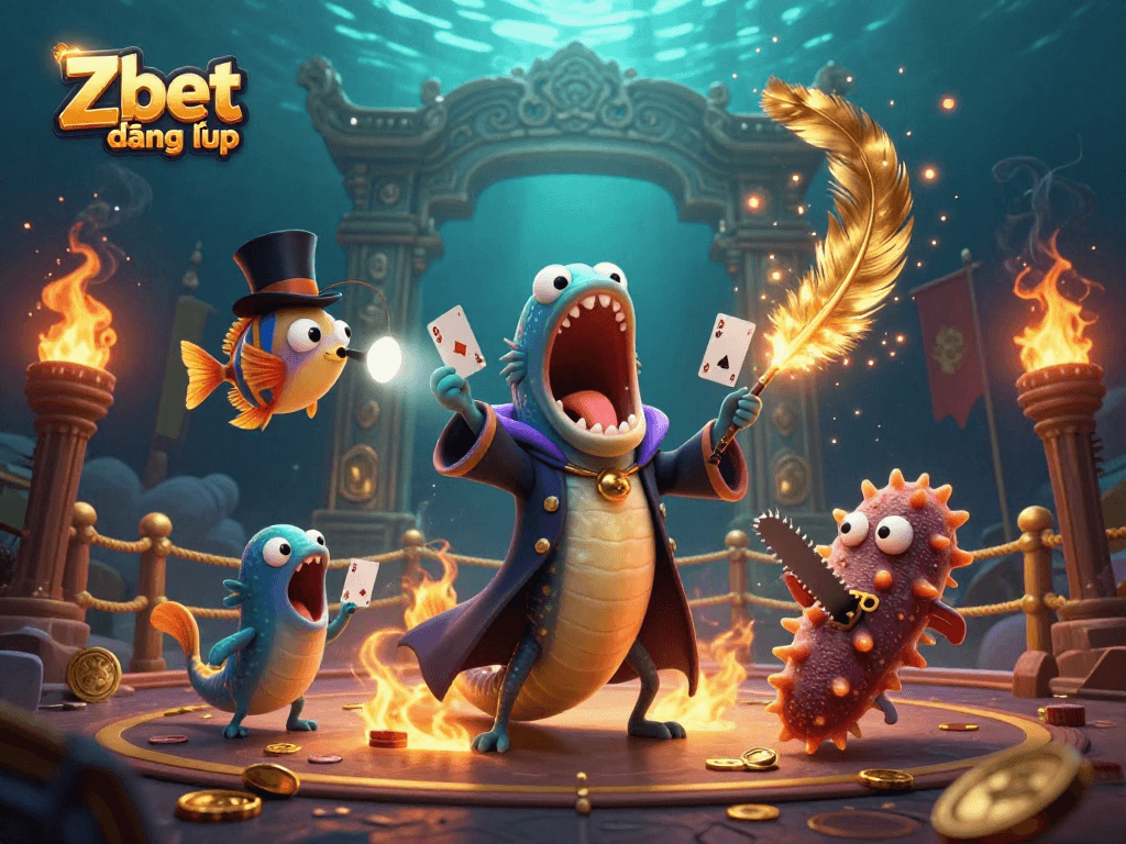 Zbet đăng nhập showcases a magical underwater casino scene with vibrant sea creatures performing card tricks surrounded by betting tokens.