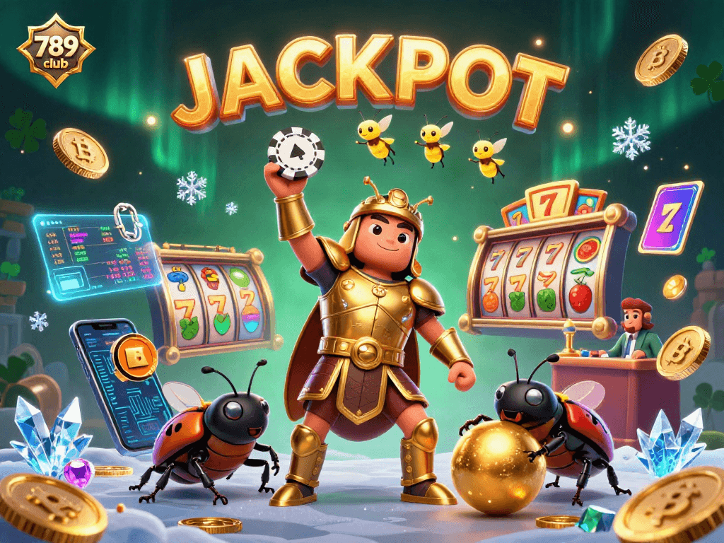 Experience the thrill of 789 club with a victorious beetle champion and vibrant casino elements.