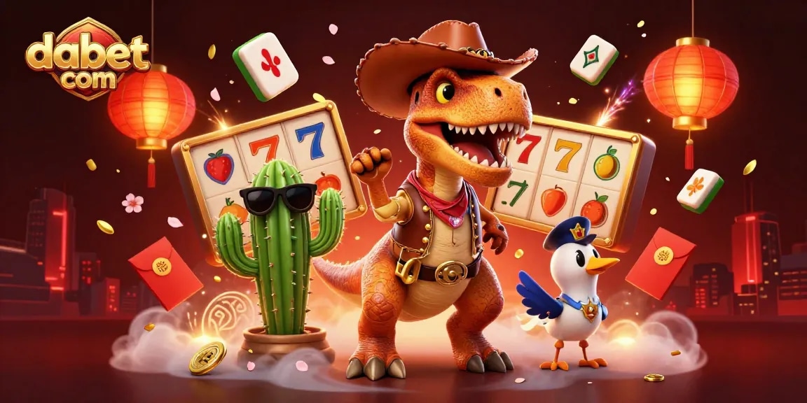 Experience vibrant gaming excitement at dabet com with dynamic cartoon characters and casino elements.