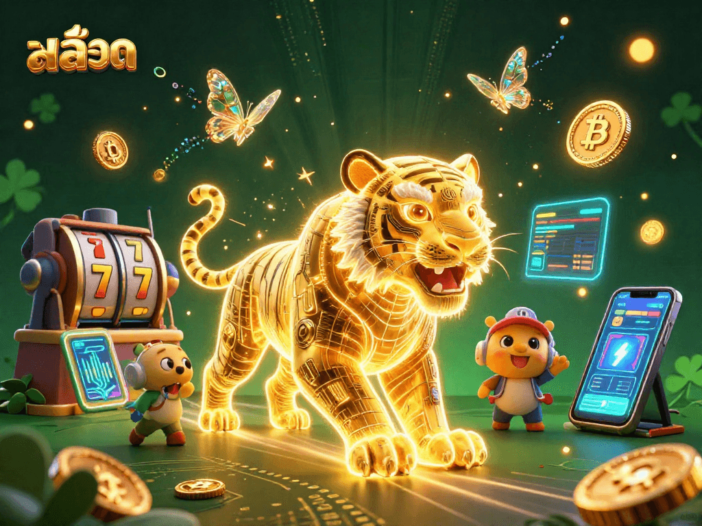 Engaging scene of สล็อต casino gaming with a golden tiger and digital coins in vibrant colors.