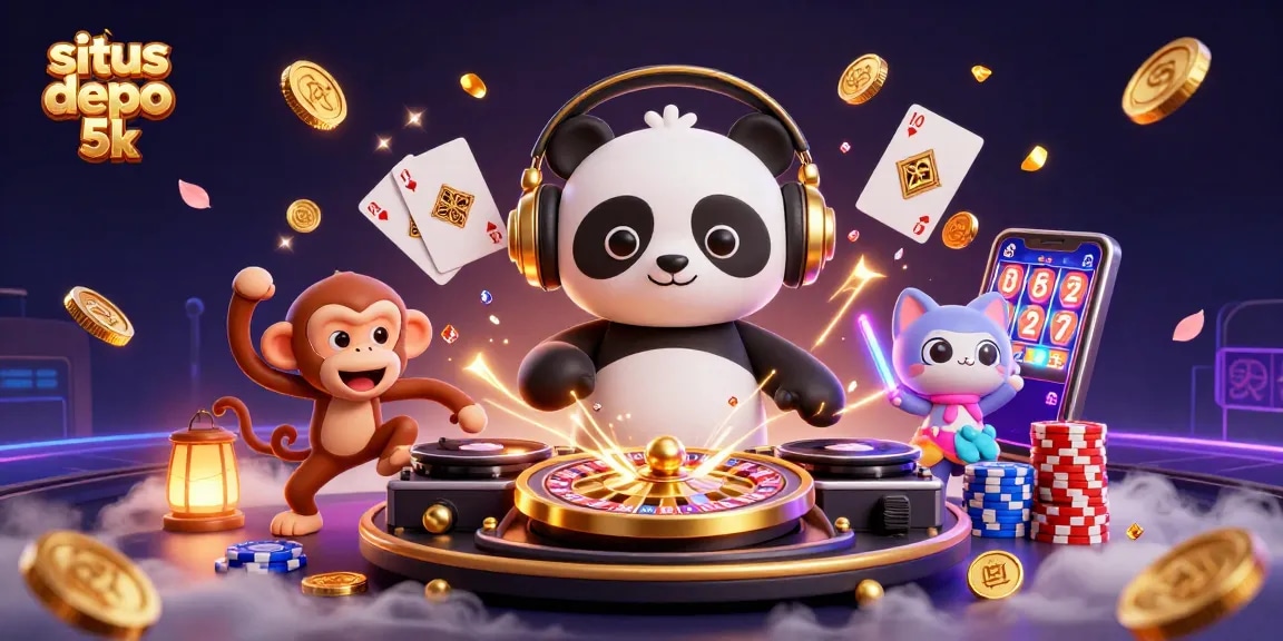 Sparking excitement at situs depo 5k with a DJ panda, breakdancing monkey, and rave kitten in a vibrant casino scene.