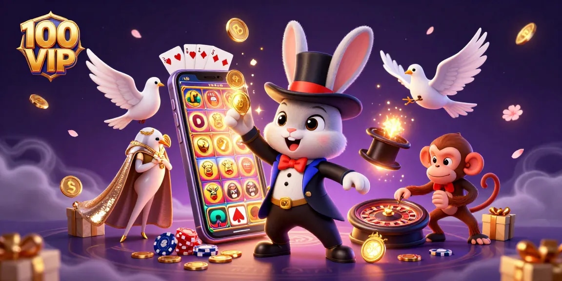 Experience the exciting 100 VIP casino with a magician, dove, and monkey amidst dynamic gaming elements.