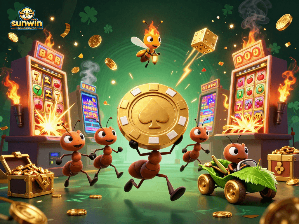 Exciting scene from sunwin centralized net with ants stealing a giant poker chip, perfect for casino enthusiasts.