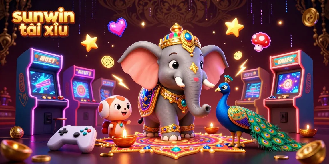 Engage in sunwin tài xỉu with a vibrant, festive illustration featuring gaming elements and characters.