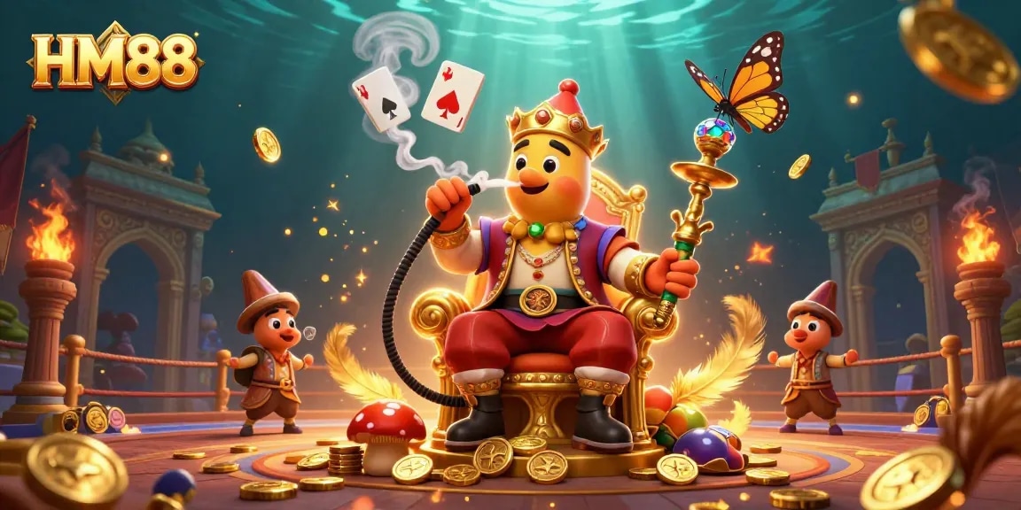 Experience thrilling gaming with HM88 in a vibrant, surreal 3D casino scene.