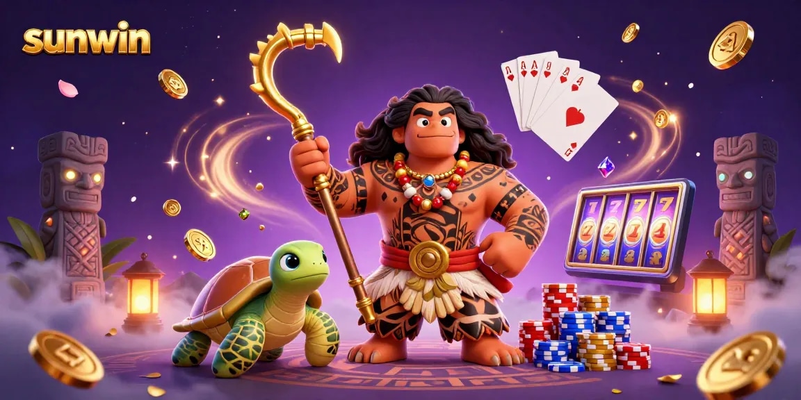 Experience sunwin thrills with a 3D demigod and a turtle in a vibrant casino setting.