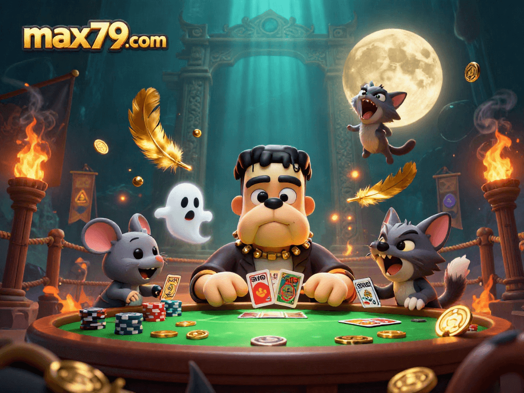 Join the max79com casino action with a spooky scene of card dealing and mystical elements.