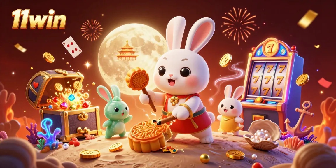 Play casino games like 11win while enjoying a festive scene with golden poker chips and moon rabbits.