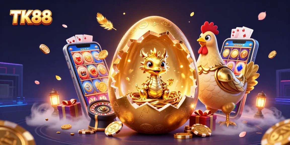 Win big with TK88 by unveiling the golden dragon amidst vibrant slots and poker chips.