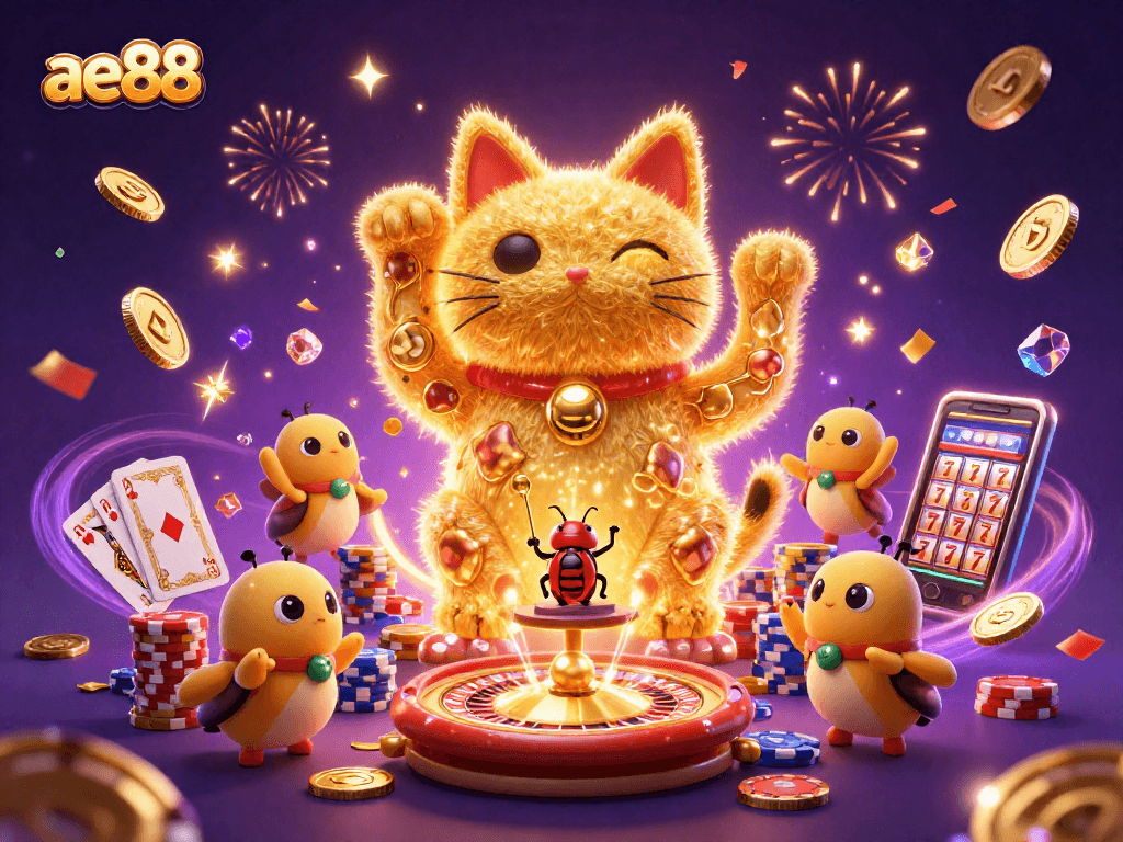 Experience ae88's vibrant casino world with a lucky cat and magical gaming elements.