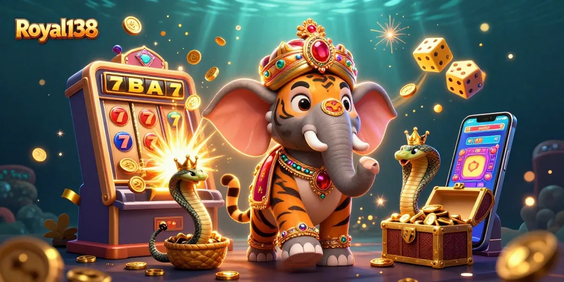 Slot gacor Royal138 yang menampilkan karakter maharaja dan mesin slot dengan koin emas berhamburan.
