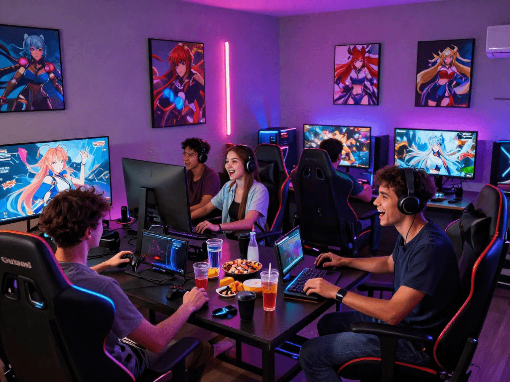 Friends enjoying popular hentai games in a vibrant gaming lounge, with neon lights enhancing the atmosphere.