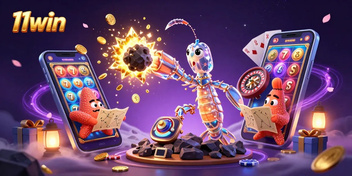 Play slots and win big with 11win in this vibrant 3D casino adventure illustration.
