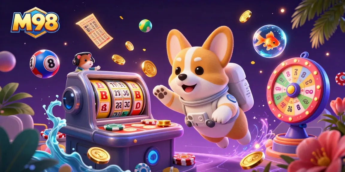 Experience the excitement of the M98 casino with energetic characters in a vibrant 3D scene.