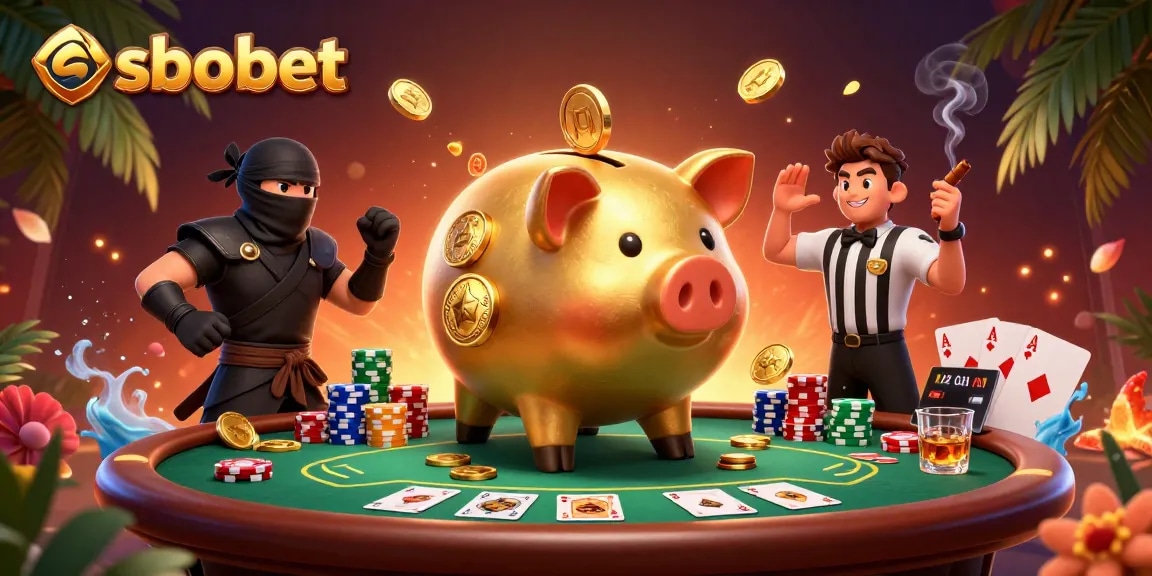 SBOBET action scene with a golden sumo wrestler and ninja gambling at a vibrant poker table