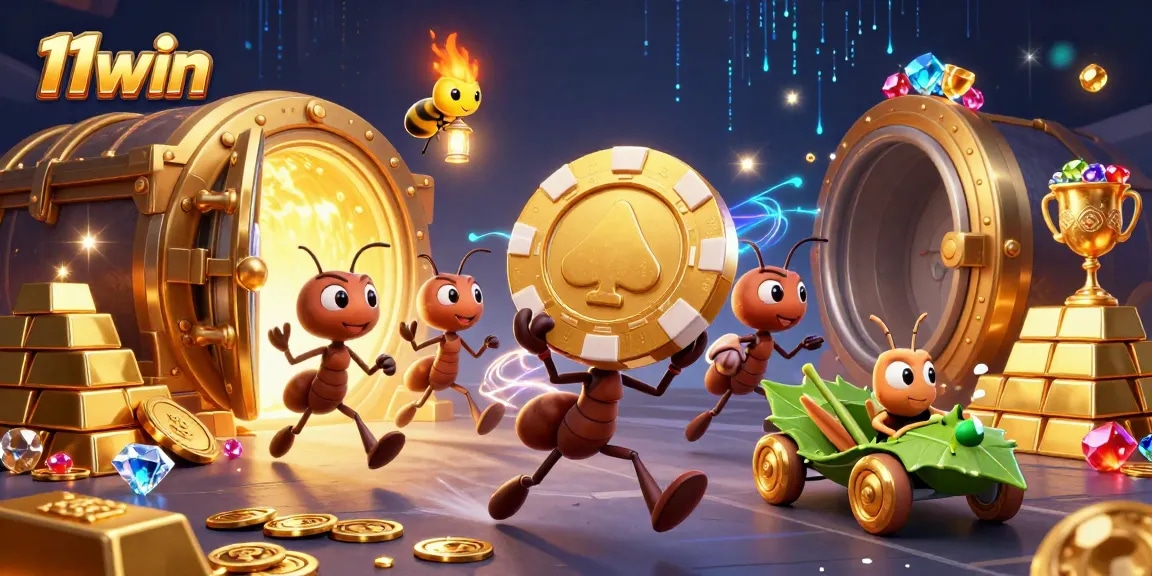 Engage with 11win's thrilling heist scene featuring ants and vibrant casino elements.