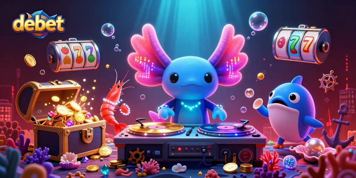 Experience debet with this vibrant casino-themed 3D illustration featuring axolotl DJ and lively sea creatures.