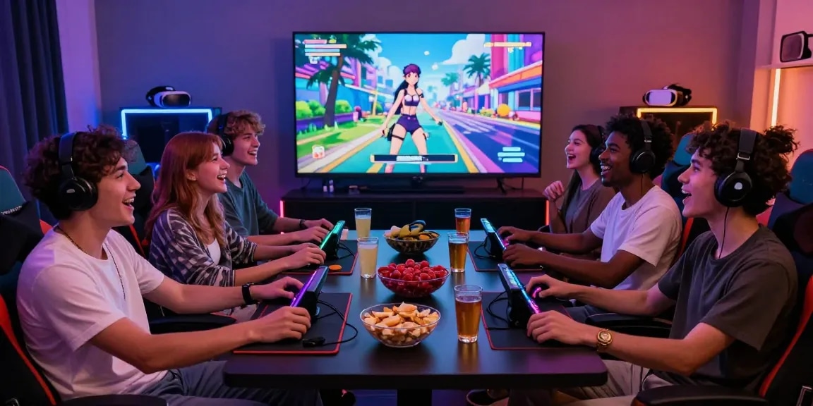 Players enjoying a vibrant hentai game online in a colorful gaming room.