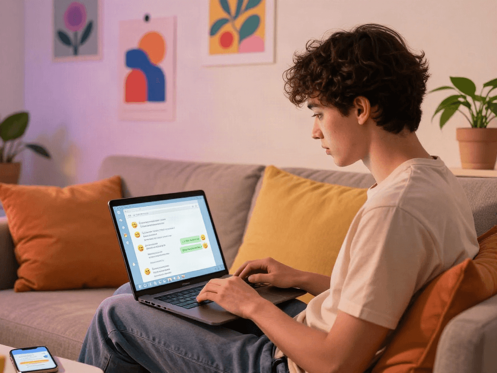Engaging young adult in an nsfw AI chat with a laptop in a cozy living room.