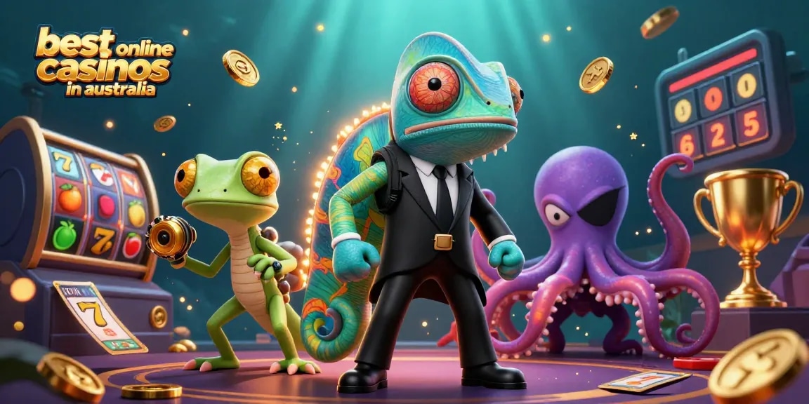 Exciting 3D illustration of the best online casinos in Australia featuring vibrant slot machines and dynamic characters.