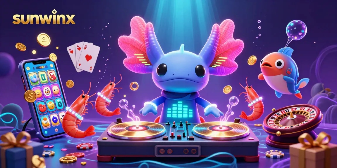 Engage in vibrant gaming action showcasing sunwinx with energetic axolotl DJ and glowing underwater elements.