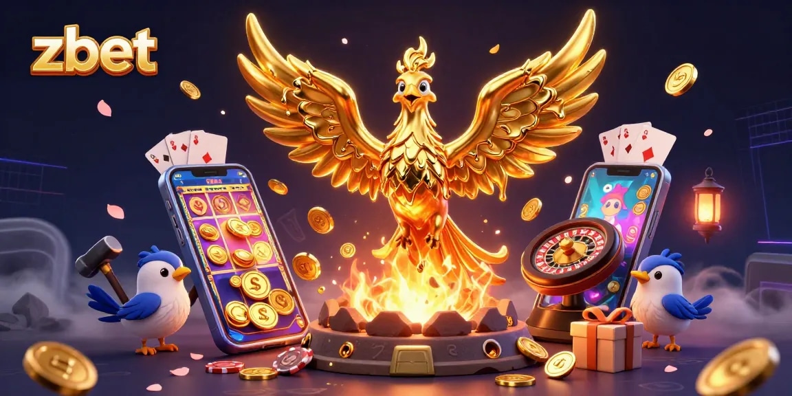 Experience zbet's winning magic with a phoenix and vibrant gaming elements!