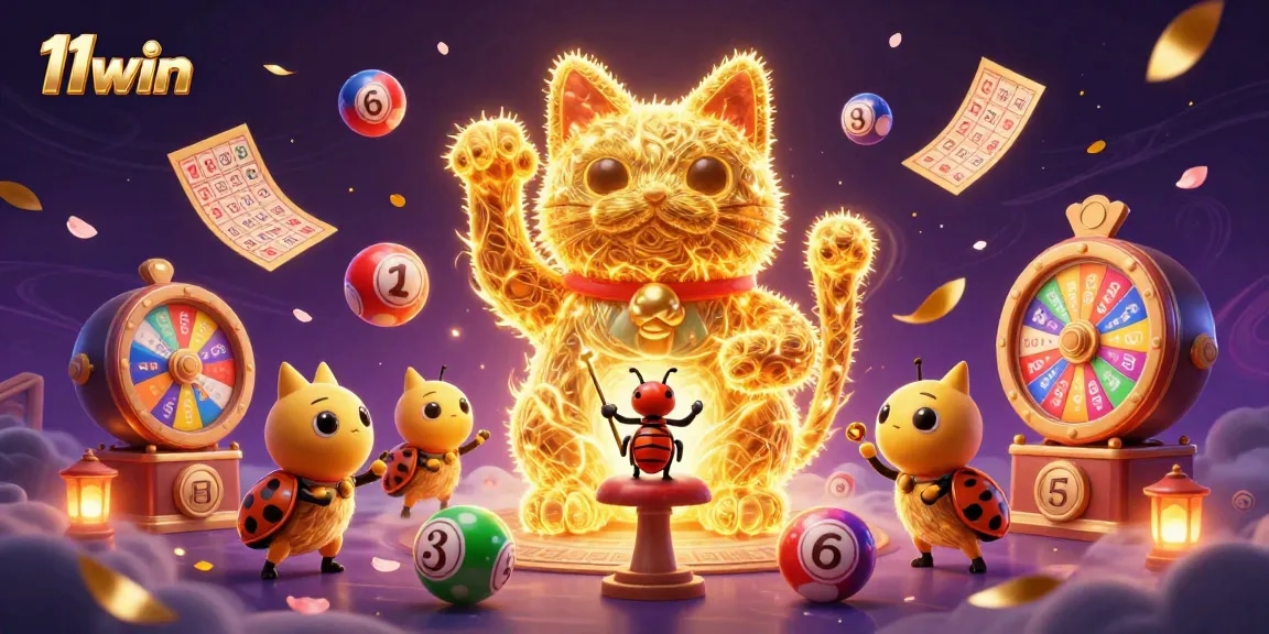 Engage with the vibrant 11win lucky cat scene featuring dynamic casino symbols and colorful lottery elements.