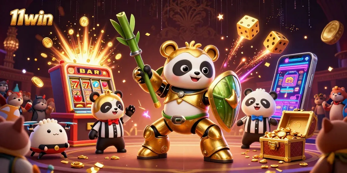 11win showcases thrilling casino action with a golden panda hero in an exciting scene.