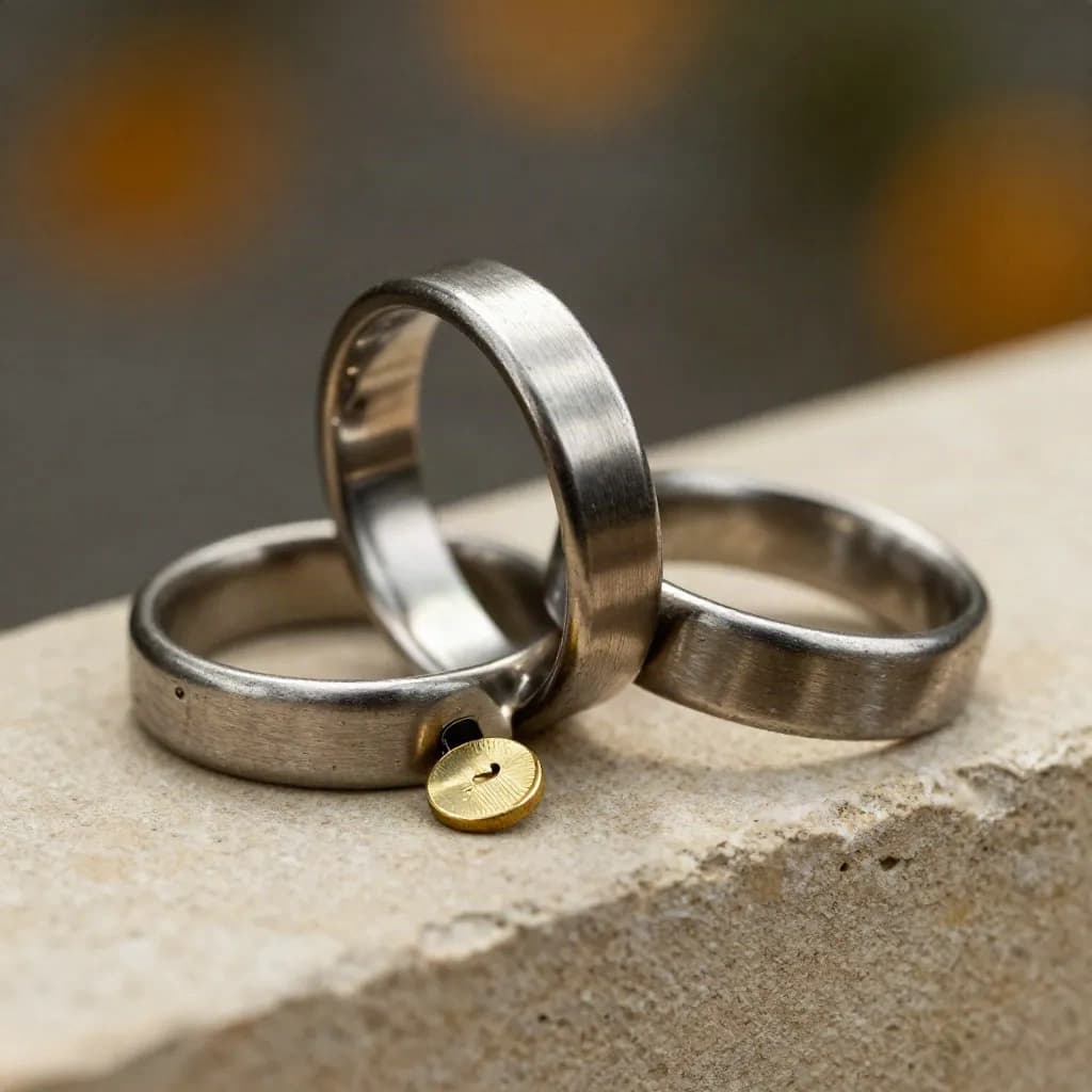 Macro still life of metal rings, brass token and ledger weight on stone with bokeh