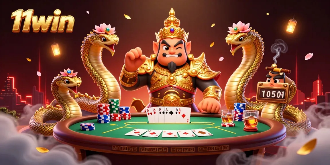 Engage in thrilling gameplay with 11win's vibrant poker scene featuring golden yaksha guardians.