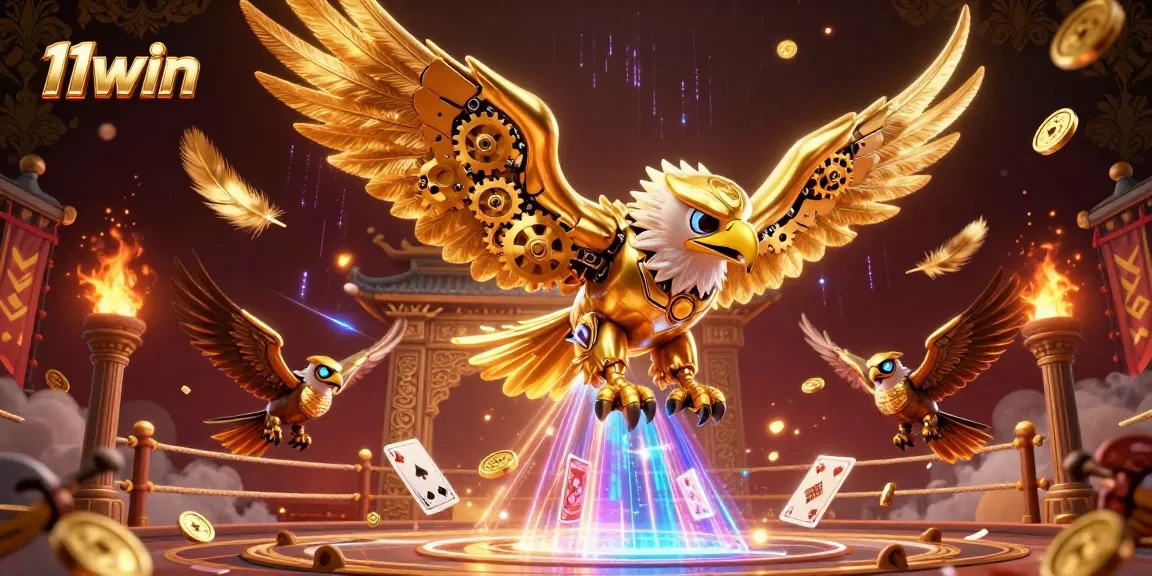 Experience thrilling 11win casino action with a dynamic scene featuring cybernetic eagles and holographic cards.
