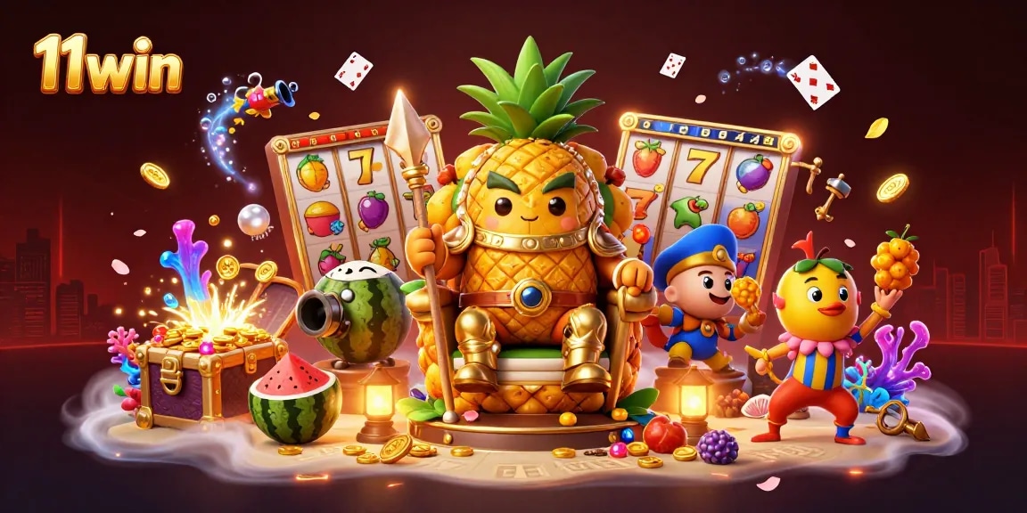 Engage with thrilling 11win gameplay featuring the golden pineapple king in a vibrant casino setting.