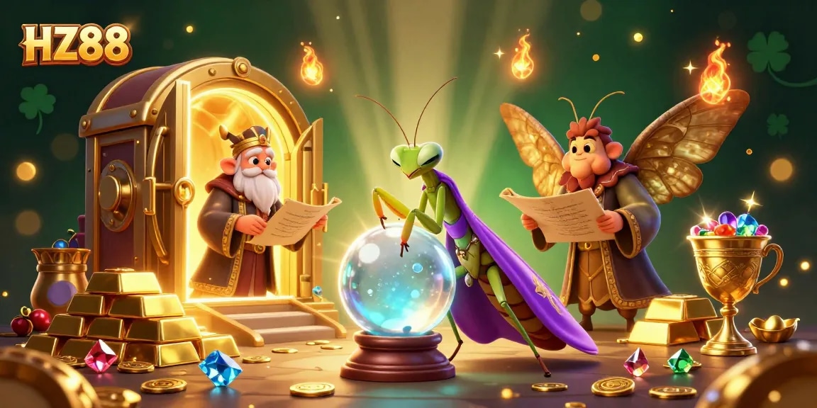 Experience HZ88's vibrant casino world with a mystical fortune teller and shimmering treasures.