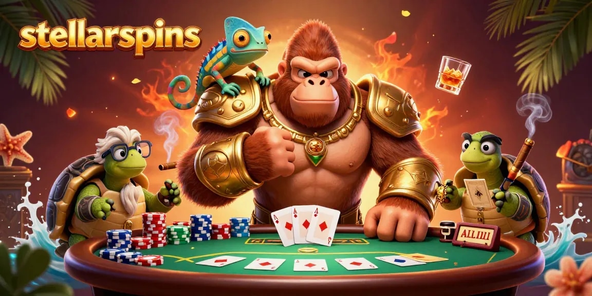 Experience stellarspins action with vibrant characters and exciting poker elements in a 3D casino scene.