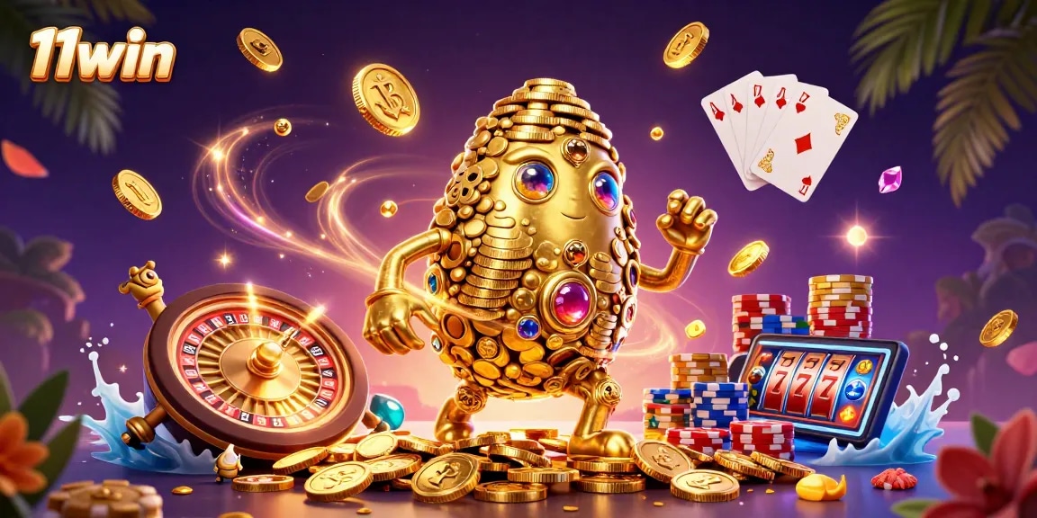 Spin and win with 11win's vibrant scene featuring captivating 3D casino elements.
