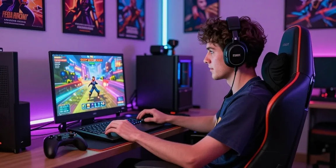 Player enjoying a sissy hentai game on a vibrant gaming laptop in a colorful gaming room.