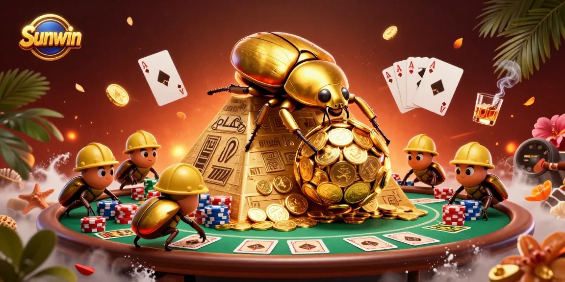 Experience Sunwin's vibrant gaming action with golden beetles rolling coins and poker elements.