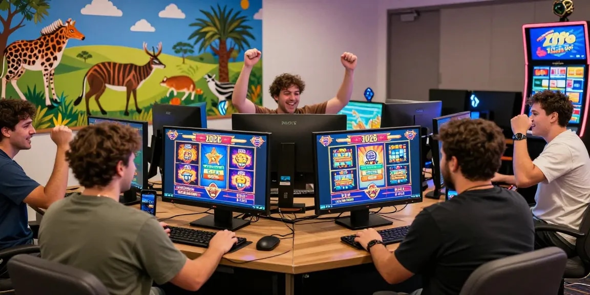 Engaging scene of players enjoying australian online casinos with vibrant games and celebratory atmosphere.