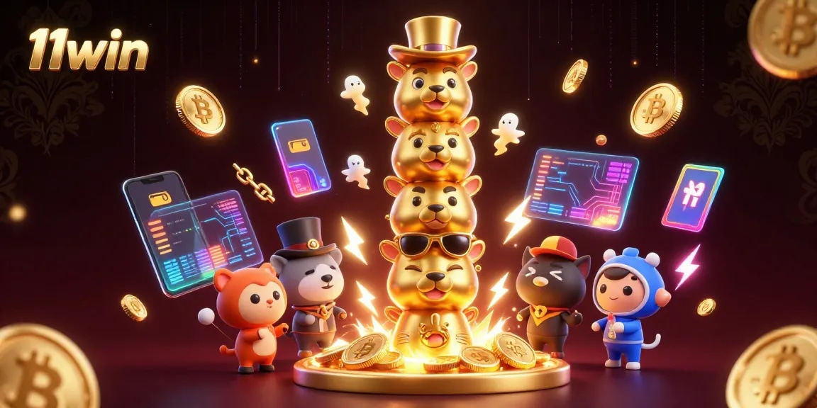 Engage in vibrant 11win casino action with 3D characters and crypto elements in a dazzling scene.