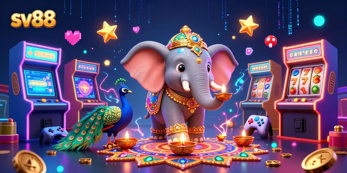 Engage with sv88's vibrant 3D casino scene featuring a colorful elephant, peacock, and slot reels.