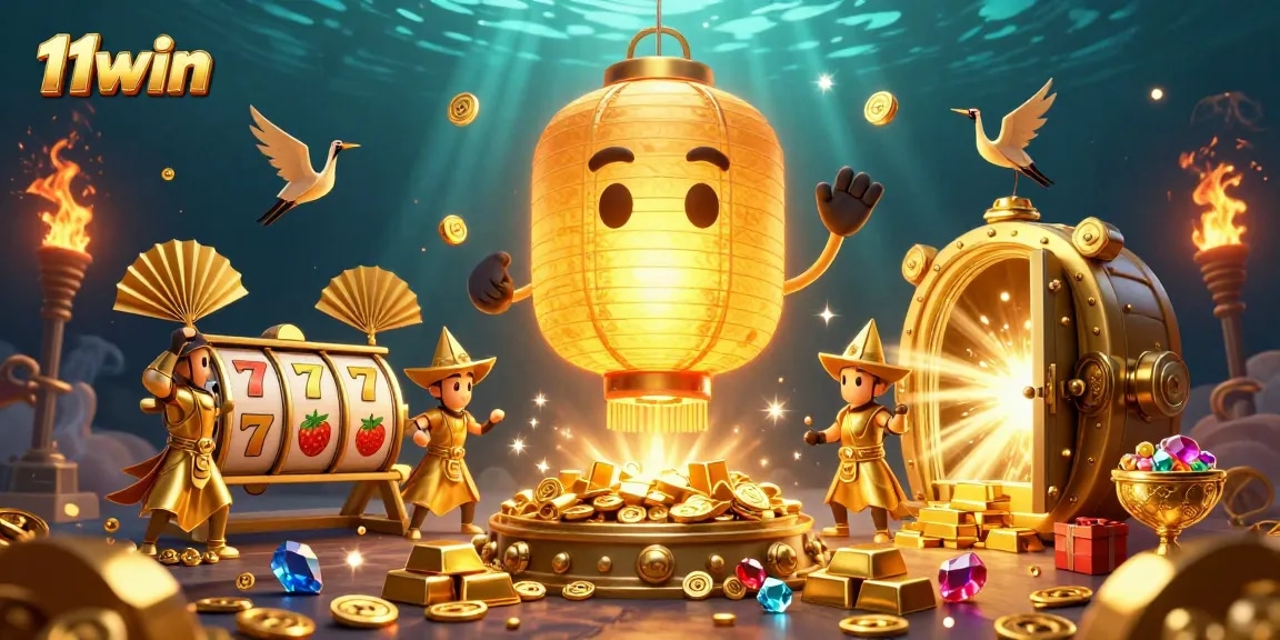 Experience excitement at 11win with a vibrant 3D casino scene filled with gold and dynamic game elements.