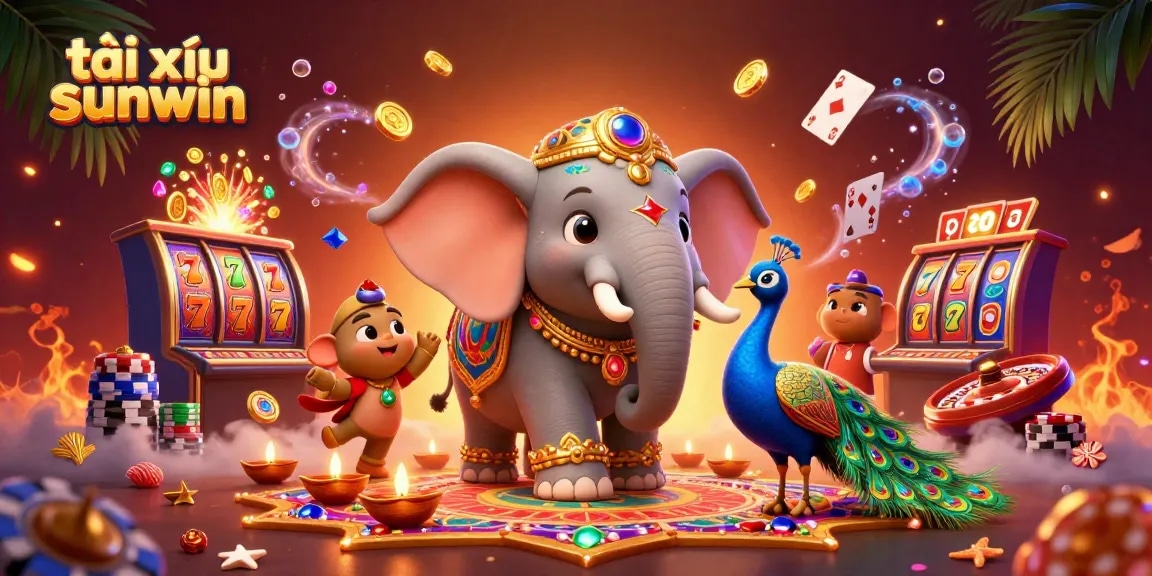 Play tài xỉu sunwin with fun 3D elephant and peacock in a vibrant casino scene.