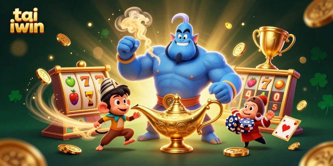 Engage with tai iwin adventures as a genie reveals exciting slot reels and treasures.
