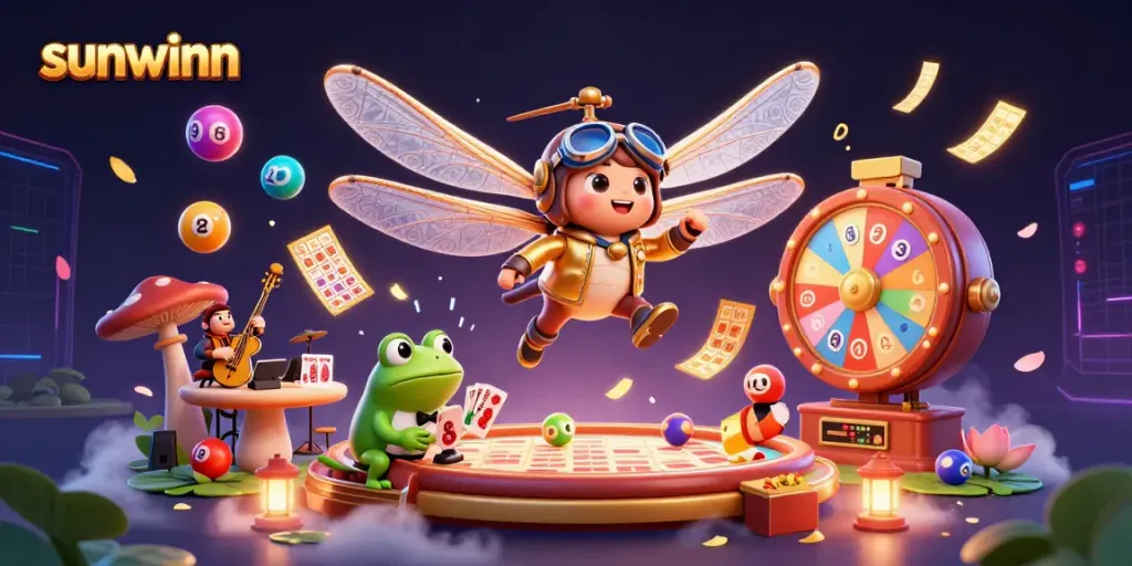Engage with the thrilling world of sunwinn casino gaming, featuring a vibrant scene with a dragonfly pilot and a frog croupier.