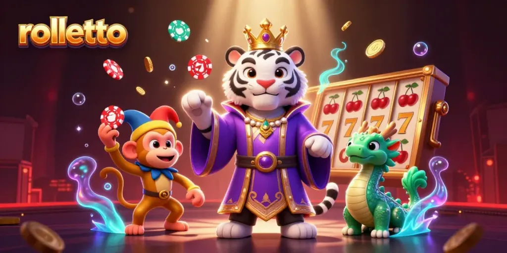 Play slots and win with rolletto in this vibrant, engaging 3D illustration featuring a tiger and monkey.