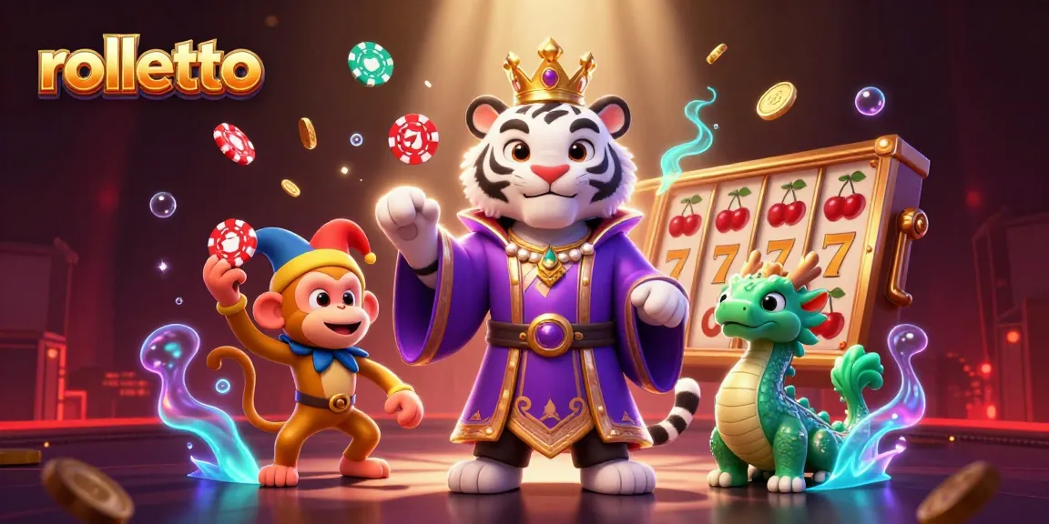 Play slots and win with rolletto in this vibrant, engaging 3D illustration featuring a tiger and monkey.
