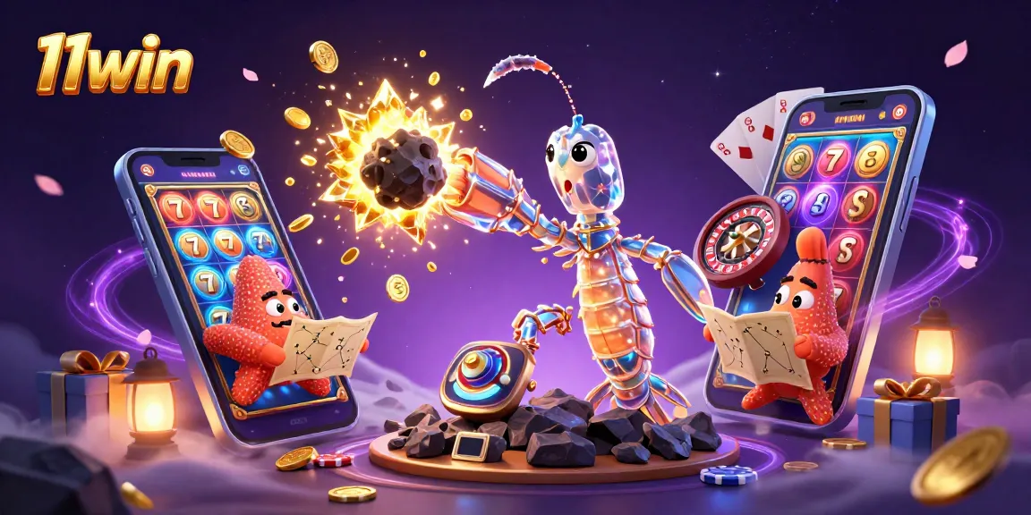 Play slots and win big with 11win in this vibrant 3D casino adventure illustration.