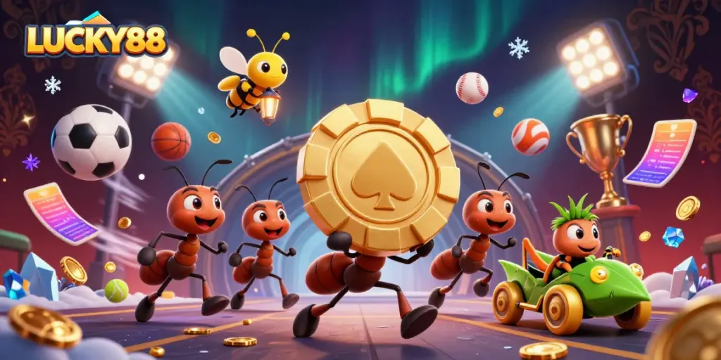 LUCKY88 illustration featuring a team of ants moving a giant poker chip in a vibrant 3D casino setting.